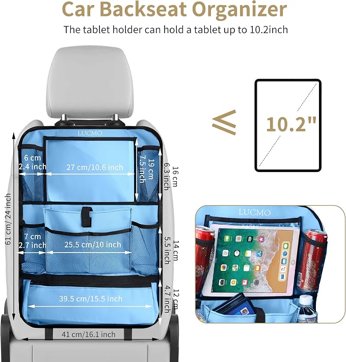 LUCMO Car Backseat Organizer with Touch Screen Tablet Holder, Light Blue | 2 Pcs,9 Storage Pockets,Clear Tablet Holder,Protectors Kick Mats,Travel Accessories,Seat Cover,Road Trip Essentials - Image 6