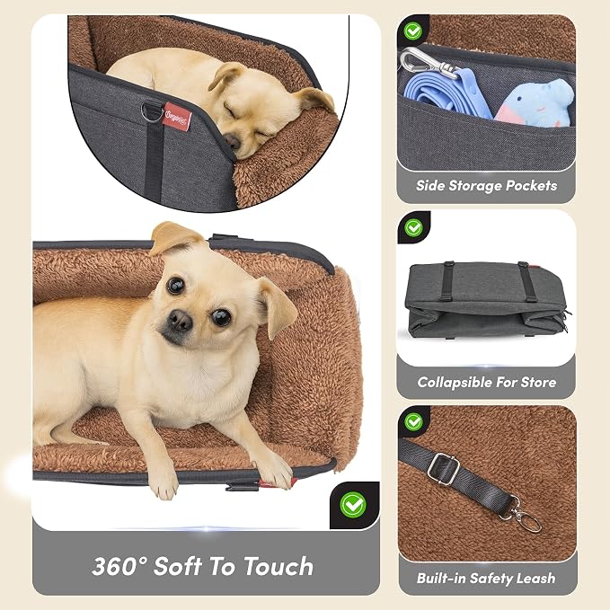 BurgeonNest Center Console Dog Car Seat for Small Pets to 11lbs, Brown | Anti-collapse armrest Console seat with washable fluffy cushion, pillow & tether for stable, cozy pet travel trips. - Image 5