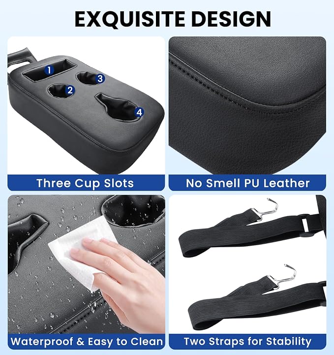 Upgraded Car Cup Holder with Dual Secure Strap Back Seat Cup Holder for Car | PU Leather Truck Cup Holder, Boat Tray Organizer for Trucks, Minivans, SUVs, RVs, Holds Coffee, Snacks, Cell Phone - Image 4