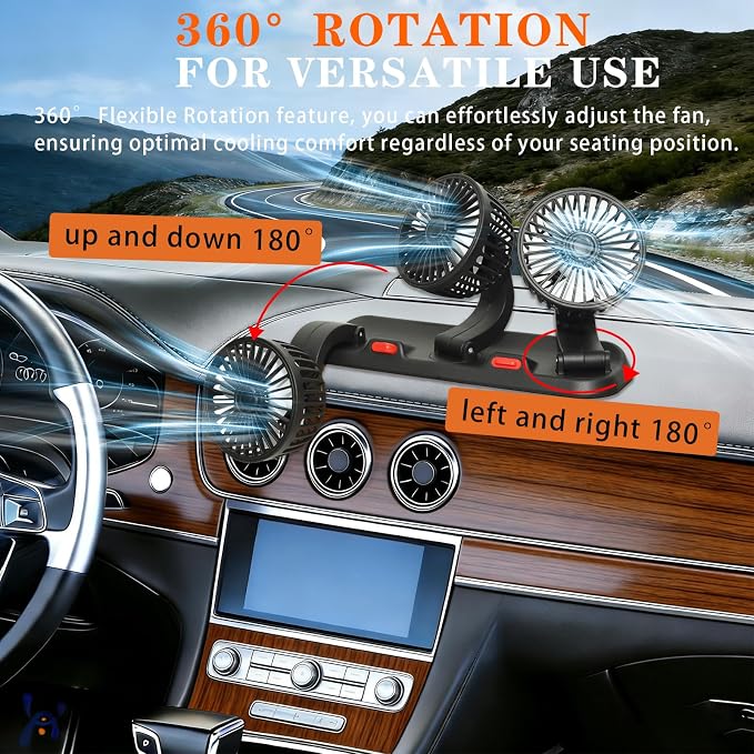 Portable 3-Head Car Cooling Fan-Brushless Motor-2 Speeds, 360 Rotation, for Car Dashboard, Powerful Cooling Solution for SUV/RV/Truck/Sedan/Cruise/Office,USB Powered (3-head 5V) - Image 2