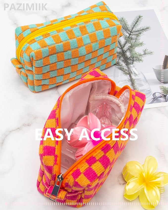 Checkered Makeup Bag for Purse, Small Travel Cosmetic Pouch,Red Orange | Cute Zipper Makeup Organizer for Women, Travel Essentials, Toiletries, Makeup Brushes, Beauty Accessories&Bridesmaid Gifts - Image 7