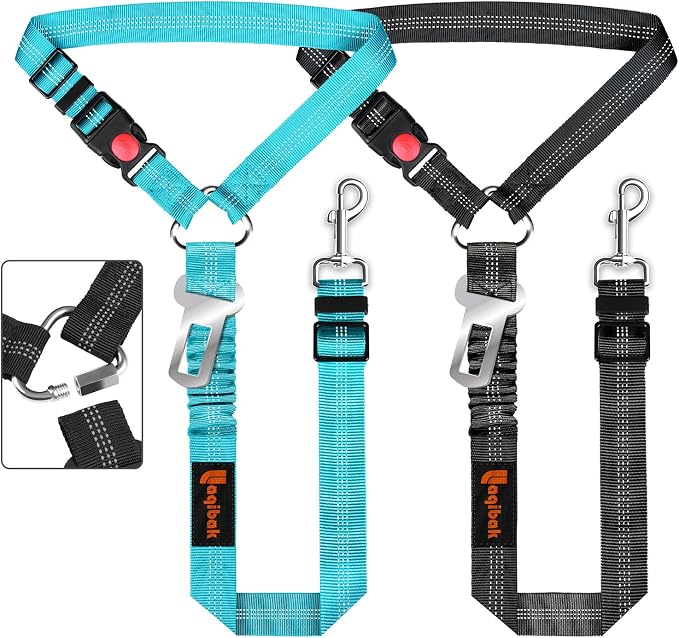 Removable Dog Seat Belt Harness for Car, 3 in 1 Pet Dog Car Seatbelt Leash, Retractable Restraint Secures to Vehicle Headrest & Adjustable Reflective Bungee Dog Seatbelt Tether, Blue and Black | Retractable Headrest-Mounted,Restraint & Adjustable Refle... by laqibakProductcollection