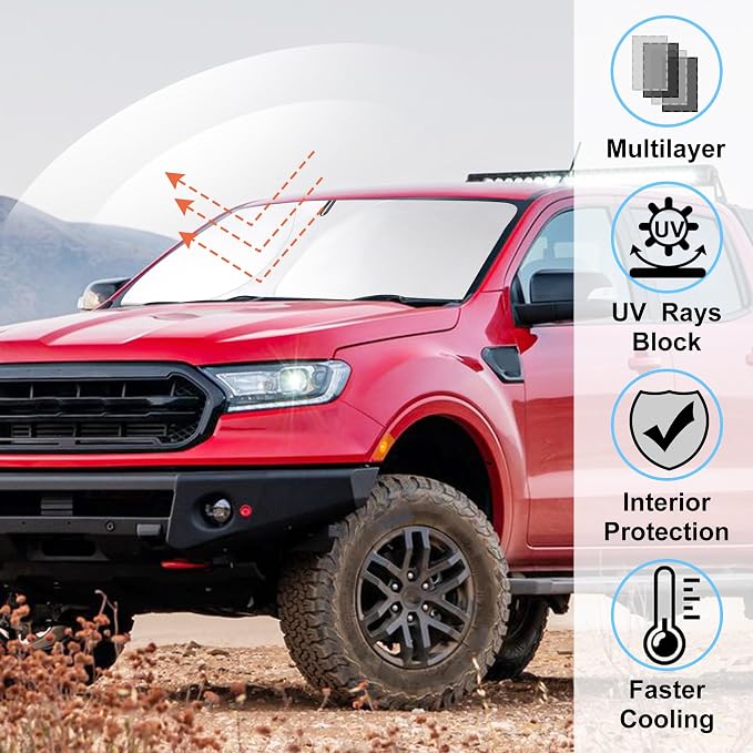 Windshield Sun Shade for 2019-2025 2026 Ford Ranger Accessories | Full covered, Foldable & Durable, Block UV Rays, Reduce Heat, Easy to install, Keep Car Cooler - Image 2