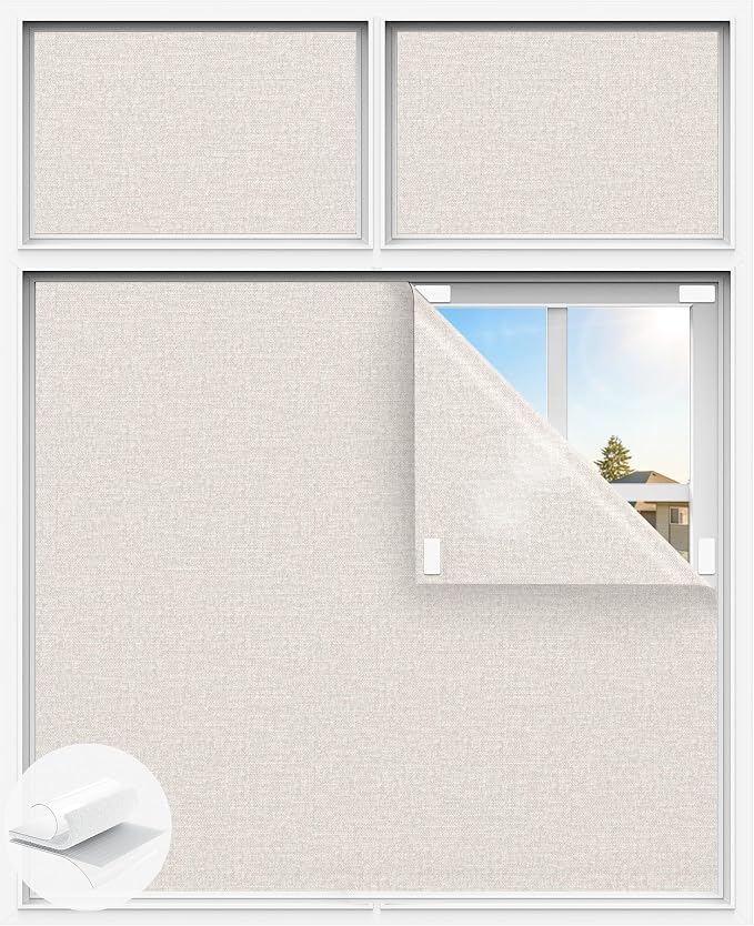 Linen Blackout Curtains for Bedroom, 39" x 58" Portable Blackout Blinds | 100% Blackout Window Cover with Hook&Loop Strip, Temporary Blackout Shades, Blackout Window Film for Nursery Travel RV- Cream by Tlany