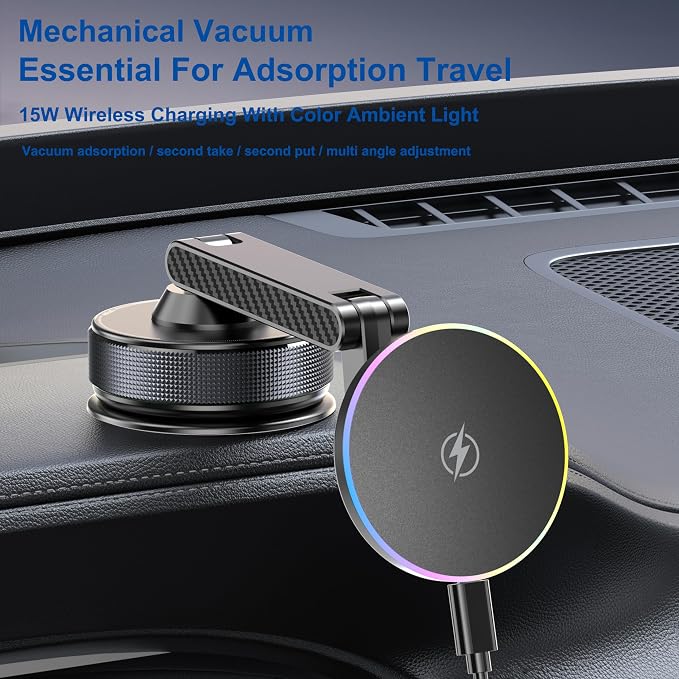 15W Magsafe Car Phone Mount Charger,Vacuum Car Phone Holder Charger,360° Adjustable Magnetic Cell Phone Holders for Car,Wireless Charging Mount for iPhone 17-12 Pro Max Plus Car Accessories - Image 3