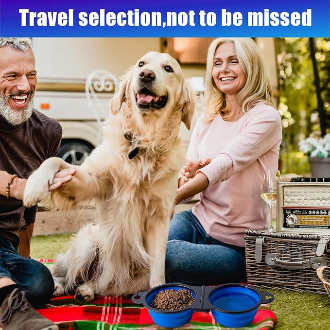 SLSON Collapsible Dog Dual Bowls Reinforced Rim 180 Degrees Flip Over Foldable Double Bowl with Lock Clips More Stable Dog Travel Bowls Pet Food Water Feeder (Blue) - Image 5