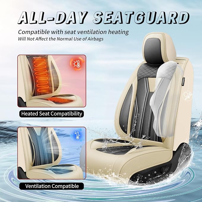 Fit Tundra Premium Leather Car Seat Covers for Toyota Tundra 2007-2025 2026 - Waterproof，Breathable，All-Weather Seat Cushion Protecto & Airbag Compatible, 2 Front Seat Beige&Black - Image 4