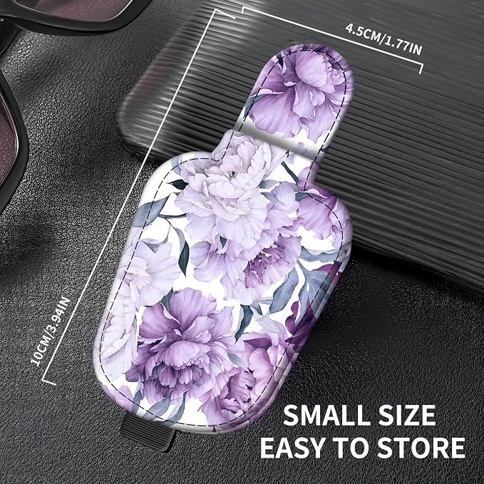 Leather Magnetic Sunglass Holder for Car Sun Visor, Cute Eyeglass Ticket Card Hanger Clip, Universal Auto Interior Accessories for SUV Pickup Truck Purple Floral - Image 4