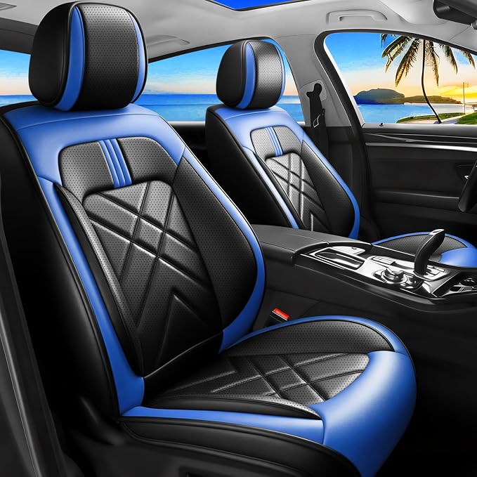 Soul Car Seat Covers Fit for Kia Soul 2010-2026, Premium Full Coverage Leather Automotive Seat Protectors, All Seasons Waterproof Breathable, Airbag Compatible, Front Seats, Black-Blue by Unknown