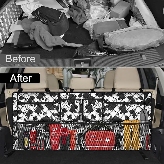 Femuar Car Trunk Organizer,Large Capacity Backseat Trunk Organizer(42"*18"),Collapsible Car Storage Bag with 8 Pocekt,SUV/MPV/Truck - Cow print - Image 6