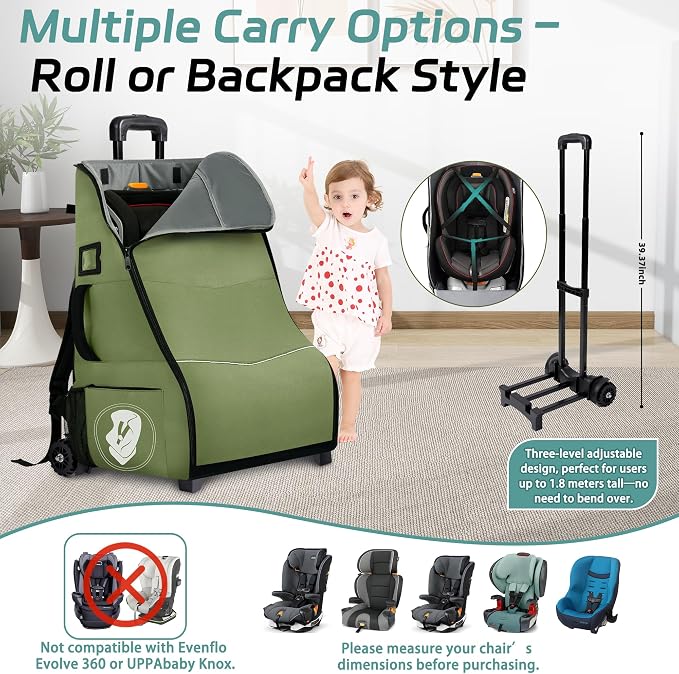 Rolling Car Seat Travel Bag with Wheels – Car Seat Backpack Transport Case for Airplane Travel, Fits Convertible & Booster Seats, Protective Storage Cover, (Green) - Image 2