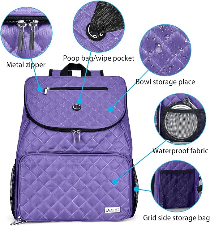 BAGLHER Dog Travel Bag Airline Approved Pet Supplies Backpack, Dog Travel Backpack with 2 Silicone Collapsible Bowls and 2 Food Baskets Purple - Image 3