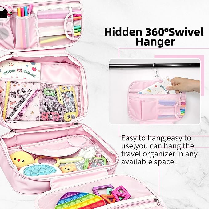 Kids Travel Organizer, Portable Storage Bag for Toys, Snacks, & Activities, Travel Waterproof Organizer Bags with Hook & Carry Handle, Multi-Compartment (Pink) - Image 7