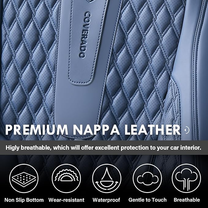 Coverado Car Seat Covers Full Set, Nappa Leather Seat Covers for Car, Waterproof Car Seat Protector with Lumbar Support, Automotive Seat Covers Universal Fit for Most Cars SUV Trucks (Blue) - Image 7