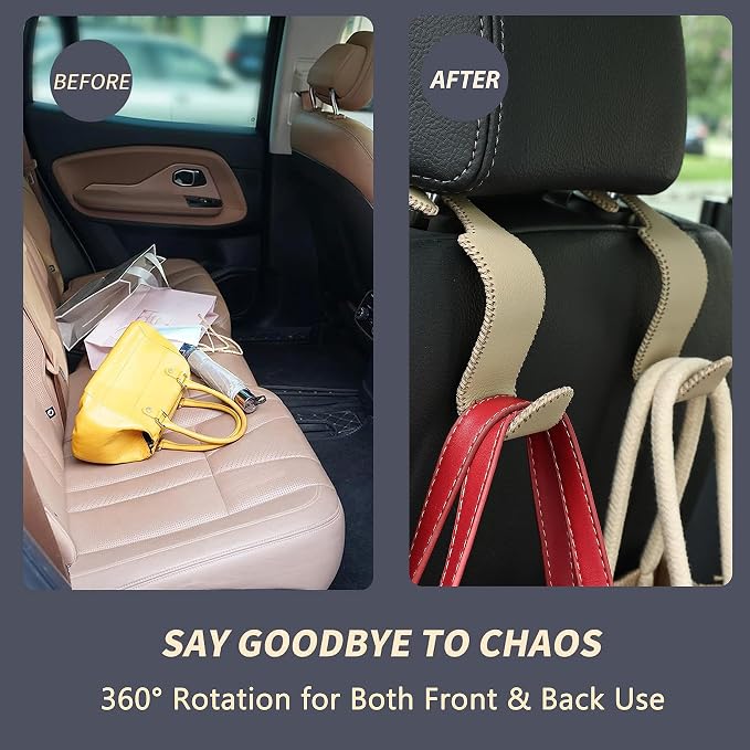 4-Pack Car Headrest Hooks Holds 55lbs Seat Storage Organizer for Bags | Fiber Leather, Durable Metal, Car Hanger for Backpack Umbrella Water Bottle Coat Purses Handbags Groceries, Beige - Image 3