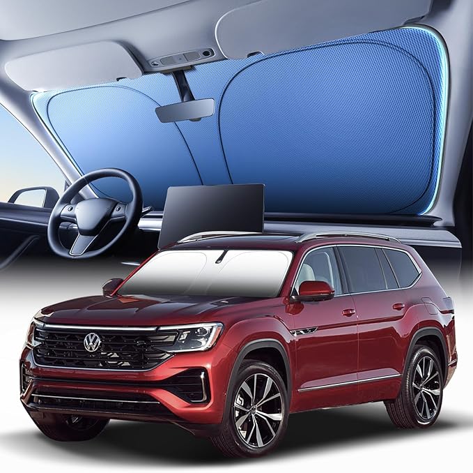 Titanium Silver Car Windshield Sun Shade for Volkswagen Atlas 2018-2025 | Ice Blue Reflective Layer, UPF 50+ UV and Heat Blocking, Foldable, Hot-Weather Interior Protection, for Cars, SUVs and Trucks by AUTOWOEL