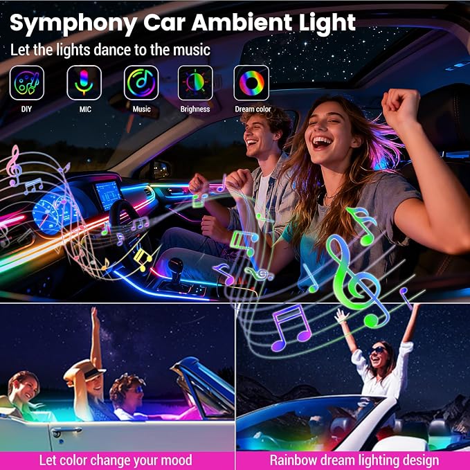 Dream Color Acrylic Interior Car Ambient Light Kit, Bphuny 30 in 1 593 LEDs Fiber Optic Multiple Modes Decoration Atmosphere Lights with Music Dynamic Rainbow Rhythm, RGB Neon Lights for All Cars - Image 4
