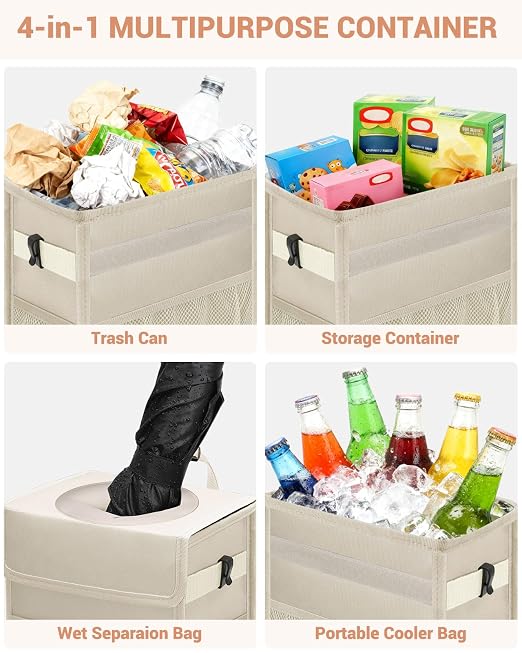 Capolo Car Trash Can with Lid, Leakproof Car Garbage Can Car Trash Bag | Waterproof, Trash Can for Car, 3 Mesh Pockets, Mini Hanging Vehicle Car Trash Bin, for Back/Front Seat (Beige,3 Gal) - Image 5