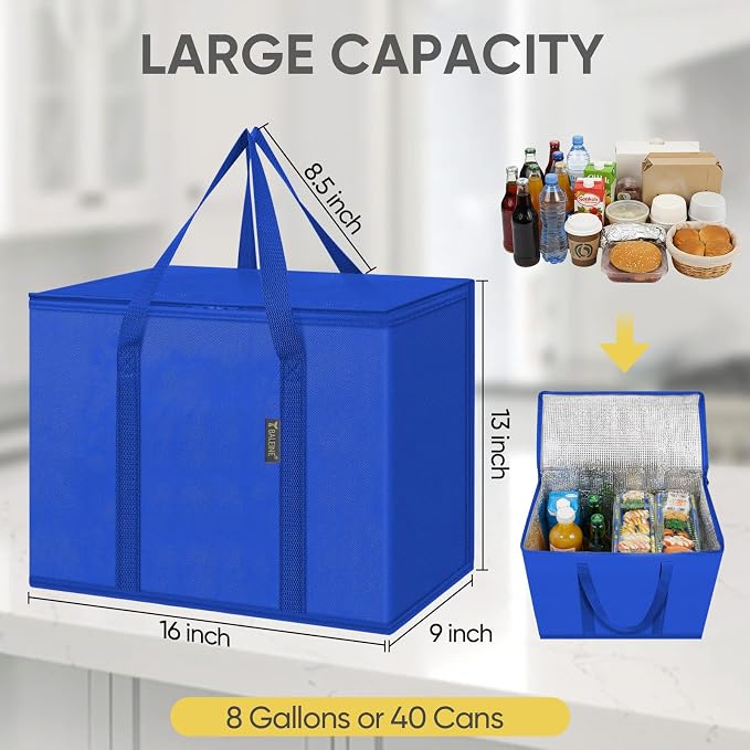 BALEINE 2Pk Insulated Reusable Grocery Bags, Collapsible Cooler Bag for Groceries, Heavy Duty Large Insulated Bag (16''x9''x13'', Midnight Blue) - Image 4