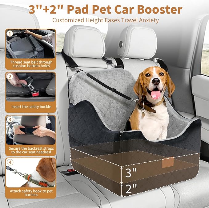 XEEP Dog Car Seat Bed for Small/Medium Dogs Up to 35 lbs, Memory Foam | 2-in-1 Design, Includes Blanket & Urine Pad, 2 Height-Adjust Cushions, Two Safety Tethers, Machine Washable Cover(Black/Grey) - Image 6