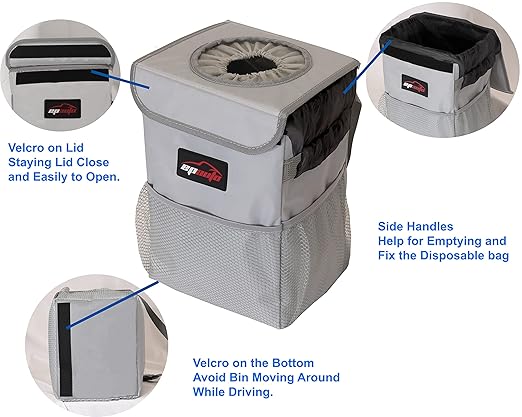 EPAuto Waterproof Car Trash Can with Lid and Pockets, 2.5 Gal, Gray | Leakproof, Collapsible Multipurpose Car Bin with 3 Side Storage Pockets, Adjustable Straps - Image 5