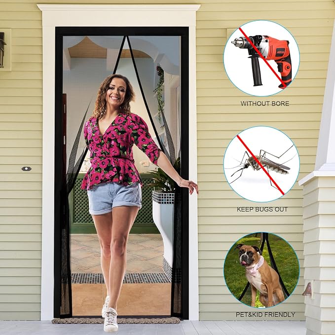 Fillis Magnetic Mosquito Net for Door, 120 x 220 cm Fiberglass Mosquito Net for Balcony Door, No Drilling Magnetic Curtain for Balcony, Living Room, Bedroom, Patio Door, Black - Image 2