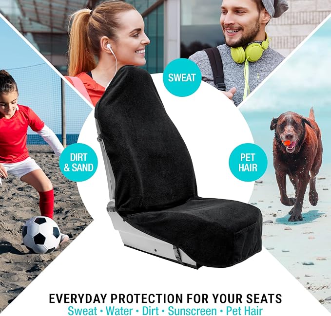 Terry Cloth Sweat Towel Seat Cover; Carseat Towel Protector; Great for Gym Workout; Waterproof; Universal Fit for Car SUV Van Truck; EZ fit; Non Slip Grip; Machine Washable; 1pc Black, Single - Image 2