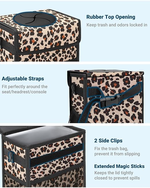 Capolo Car Trash Can with Lid, Leakproof Car Garbage Can Car Trash Bag | Waterproof, Trash Can for Car, 3 Mesh Pockets, Mini Hanging Vehicle Car Trash Bin, for Back/Front Seat (Leopard,3 Gal) - Image 3