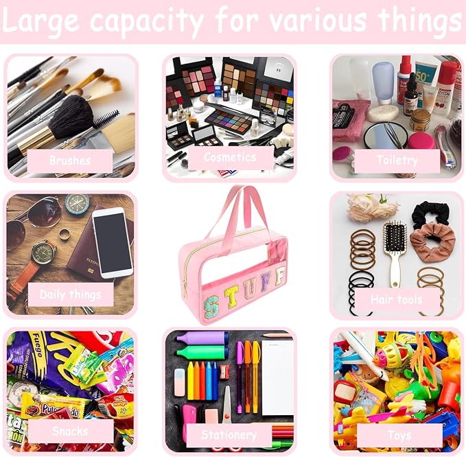 Chenille Letter Clear Makeup Bag Stuff Patch, Travel Toiletry Makeup Bag with Handle, Nylon Waterproof Makeup Bags clear cosmetic bag, preppy patch makeup bag for Women (STUFF-Pink) - Image 5