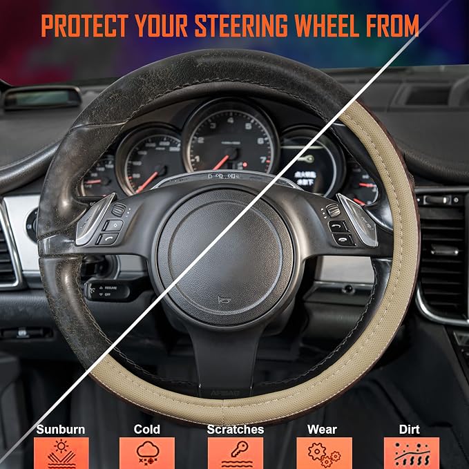 CAR PASS Wood Grain 14.5-15 inch Microfiber Leather Steering Wheel Cover, Anti-Slip Veins Design Steering Wheel Universal Fit for Most Cars, Sedans, SUV， Beige - Image 5