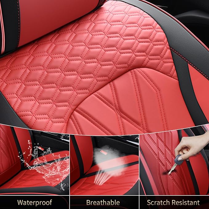 FLORICH Universal Seat Cover Full Set Leather Seat Covers 5 Seats Waterproof Seat Protector Car Seat Cushion Driver Seat Cover Universal Fit for Most Car Truck SUV, Black&Red - Image 9