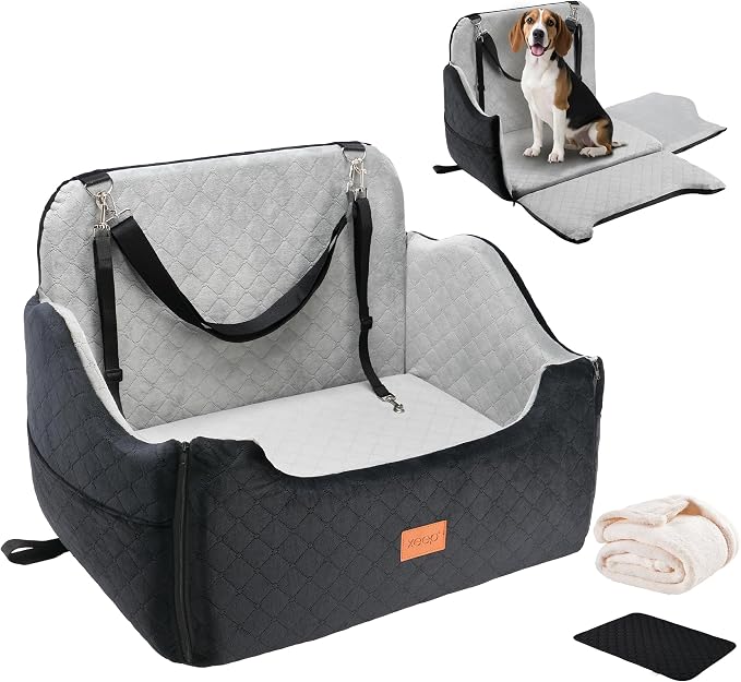 XEEP Dog Car Seat for Medium & Large Dogs Up to 55 lbs, Memory Foam | 2-in-1 Design, Includes Blanket & Urine Pad, 2 Height-Adjust Cushions, Two Safety Tethers, Machine Washable Cover(Black/Grey) by xeep