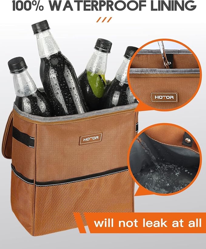 HOTOR Car Trash Can, Compact Waterproof Organizer, Leak-Proof Bin, 3-Gallon | Brown, Multifunctional Car Accessory with Adjustable Straps & Magnetic Snaps for Interior Car Storage - Image 5