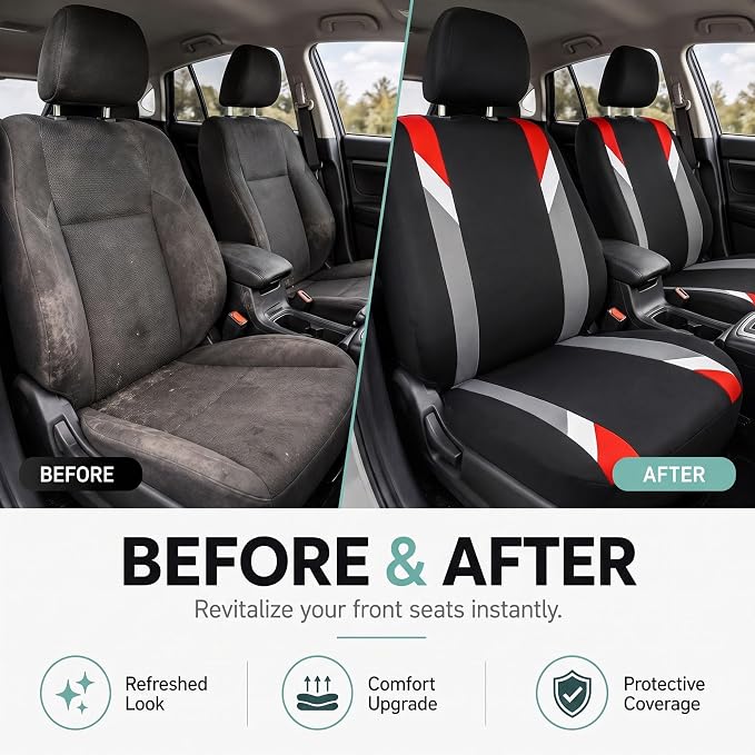 FH Group Front Set Cloth Car Seat Covers for Low Back Car Seats with Removable Headrest, Universal Fit, Airbag Compatible, Seat Cover for SUV, Sedan, Van, Red - Image 9