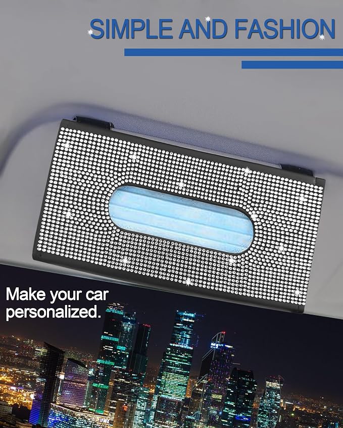 Bling Car Sun Visor Tissue Box Holder, PU Leather Car Napkin Holder, Black | Car Tissue Holder, PU Leather, with Crystal Rhinestones, Backseat Napkin Case, auto interior Accessories, for Women - Image 2