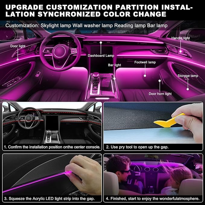 Acrylic Interior Car LED Strip Light with Wireless APP, Car Accessories 6 in 1 with 175 inches 593 LEDs Fiber Optic Ambient Lighting Kits, RGB Dynamic Music Sync Neon LED Strip Light for Car - Image 6