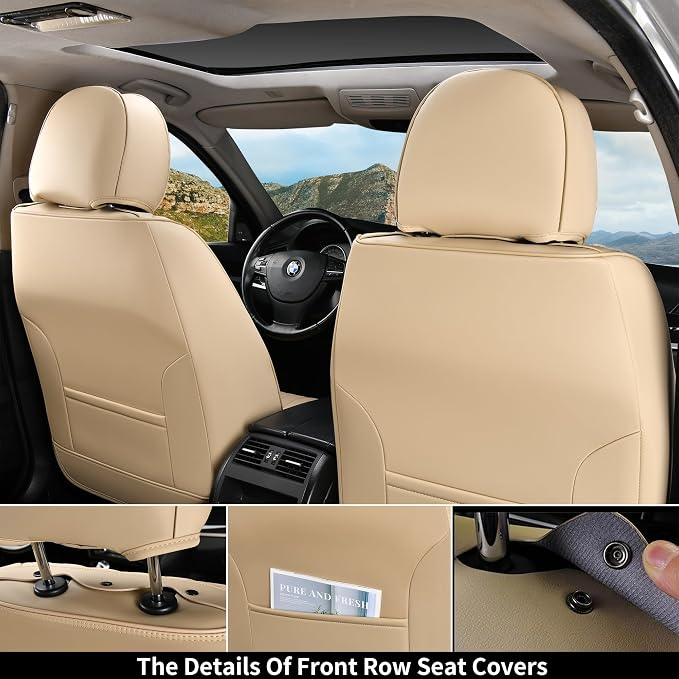 Coverado Front and Back Seat Covers for Cars, Nappa Leather Car Seat Covers, Automotive Seat Covers for Trucks, 5 Seats Waterproof Carseat Protector Car Seat Cover Beige, Universal Fit for Most Cars - Image 2
