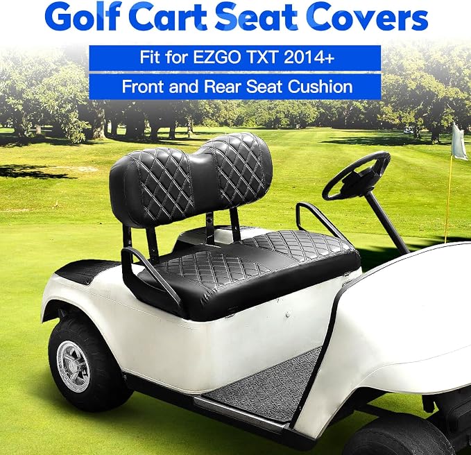 NOKINS Golf Cart Seat Covers 4 Piece Fits EZGO Freedom TXT-T48 2014+ | Front and Rear Seat Vinyl Covers, Golf Cart Accessories, No Staples(Black&Black Stitch) - Image 2