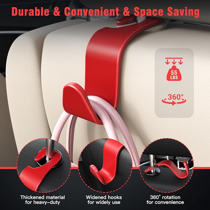 4-Pack Car Headrest Hooks Holds 55lbs Seat Storage Organizer for Bags | Durable ABS Material, 360° Rotating, Car Hanger for Backpack Umbrella Water Bottle Coat Purses Handbags Groceries, Red - Image 3