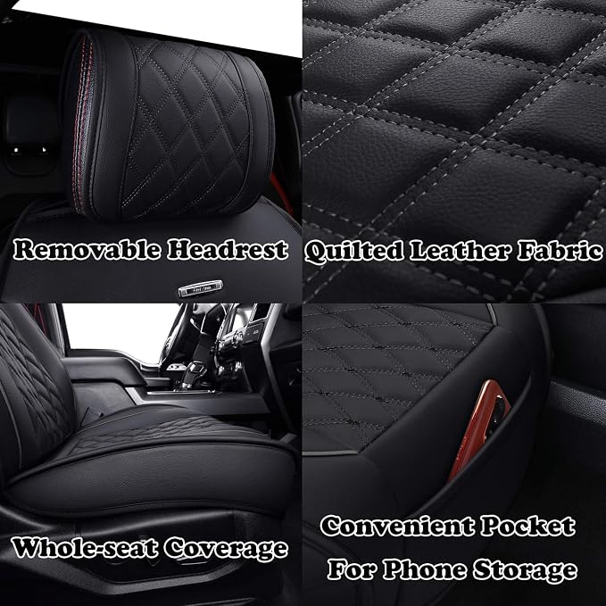 Front Car Seat Covers for Ford F150 F250 F350 F450 Truck (Black) | Custom Fit 2009-2026 F150 XLT STX XL, 2017-2026 F250 F350 F450 Super Duty Truck Crew/Regular/Extended Cab, Waterproof Leather - Image 5