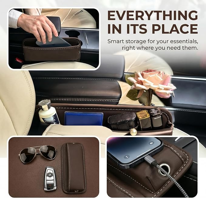 Car Seat Gap Organizer | PU Leather Seat-Side Storage Pocket with Cable Port | Fits Most Cars, SUVs and Trucks | Brown - Image 2