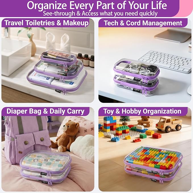 YQBRAO Clear Hard Shell Zipper Cases, 4 Medium Makeup Organizers, Purple | Rigid 1.2 mm PET and YKK dual zippers for skincare, toiletries, chargers, notebooks and daily essentials - Image 3