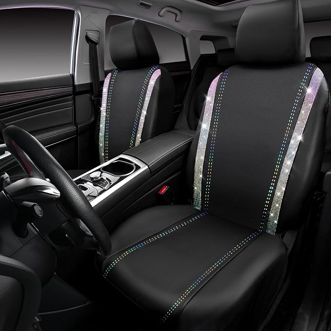 CAR PASS Leather Bling Diamond Car Seat Covers 2 Front Interior Sets, Waterproof Universal Shining Glitter Crystal Sparkle Fit for 95% Auto Truck SUV Cute Women Girl, Black Multicolor Rhinestone - Image 2
