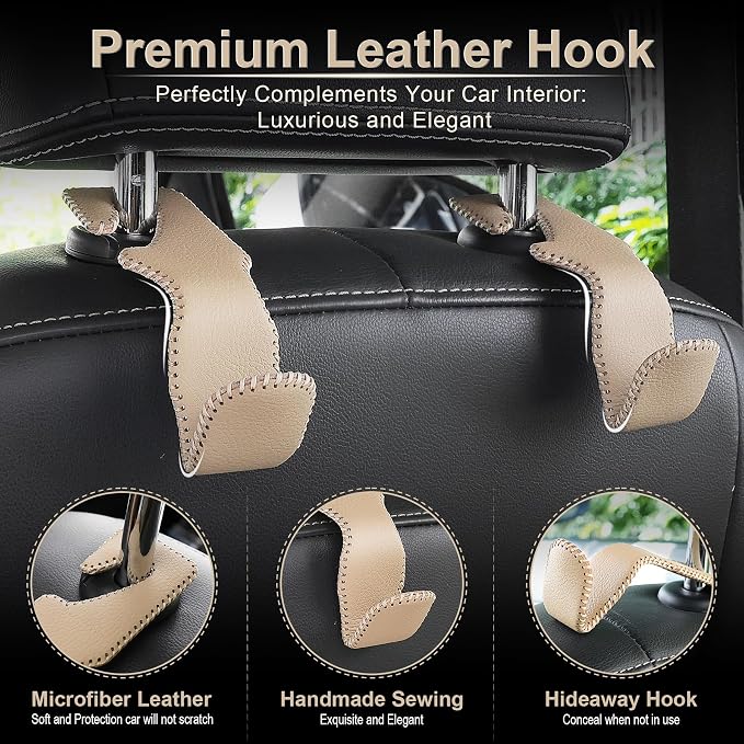 LivTee Beige Superior Leather Car Seat Back Headrest Hook, Auto Seat Hook Hangers Interior Accessories for Purse Coats Umbrellas Grocery Bags Handbag, 2-Pack - Image 2