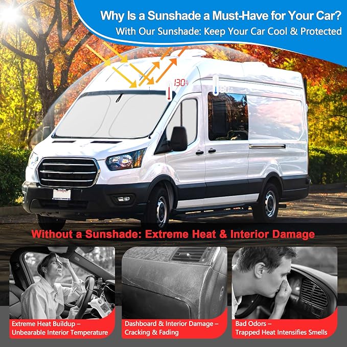 Front Side Window Sun Shade for 2014-2025 Dodge RAM ProMaster Full Size Cargo Van, Foldable Window Sunshade Sun Visor Protector, Side Window Shades Sun Shield Blocks UV Rays Heat, Pack of 4 - Image 4