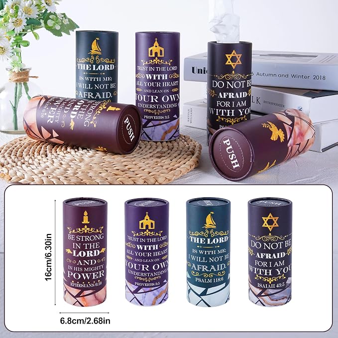 Bible Verse Car Tissues Cylinder, 8 Pack Inspirational Scripture Round Tissue Box for Car Cup Holder, 2 Ply 50 Count Facial Tissues for Console Travel, Faith Christian Car Accessories Gift Set - Image 2
