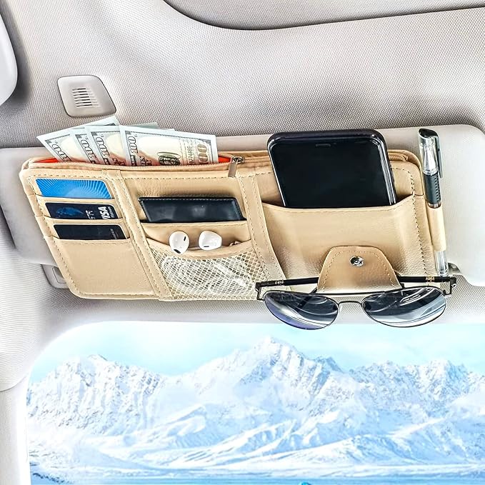 Keedolla Car Sun Visor Organizer Auto Interior Accessories Pocket Organizer, Sunglasses Holder Car Truck Visor Storage Pouch for Cards, Pens and Document - Beige by Keedolla