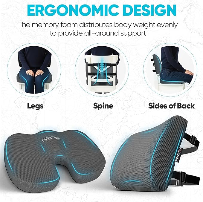 FORTEM Seat Cushion & Lumbar Support for Office Chair, Wheelchair, Car | Memory Foam | Ergonomic Design | Washable Cover | Non Slip | Dark Grey - Image 6