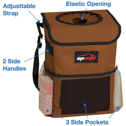 EPAuto Waterproof Car Trash Can with Lid and Pockets, 2.5 Gal, Brown | Leakproof, Collapsible Multipurpose Car Bin with 3 Side Storage Pockets, Adjustable Straps - Image 4