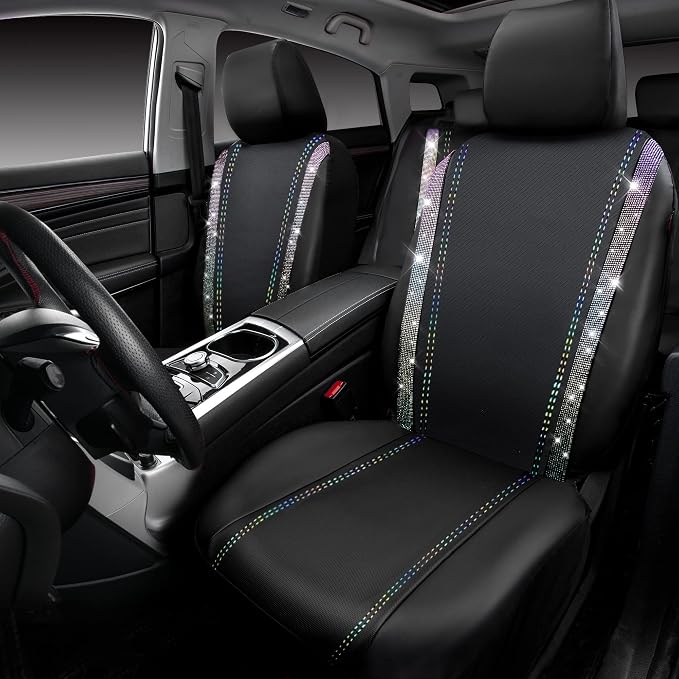 CAR PASS Bling Diamond Car Seat Covers Full Set, Shining Rhinestone Waterproof Faux Leather, Rear with Zipper, Universal Fit Automotive Glitter Crystal Sparkle Strips for Cute Women Girl,Muticolor - Image 8
